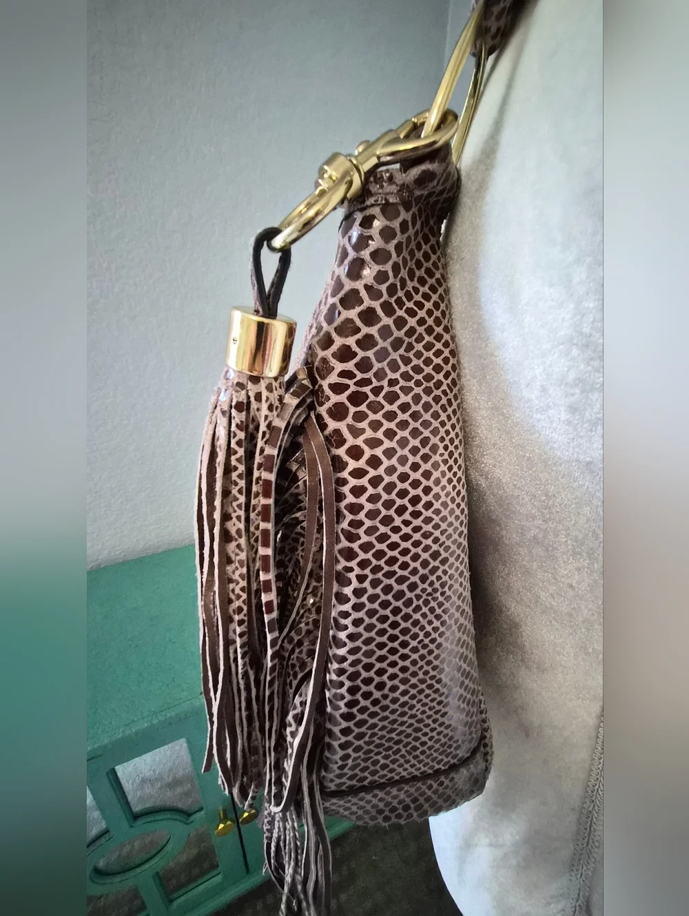 G.I.L.I. Got It Love It Snakeskin Embossed Leather Fringe Hobo Bag Brown